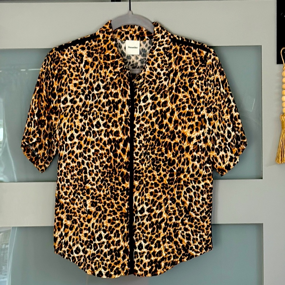 Nanushka Clare Short Sleeve Ocelot Print Blouse